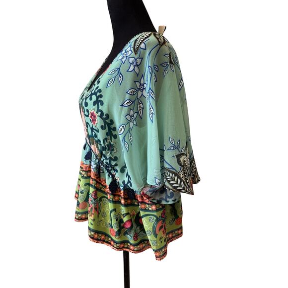 New FARM RIO Anthropologie BOHO Green Floral Idiya V-Neck Blouse Size S - Picture 5 of 8